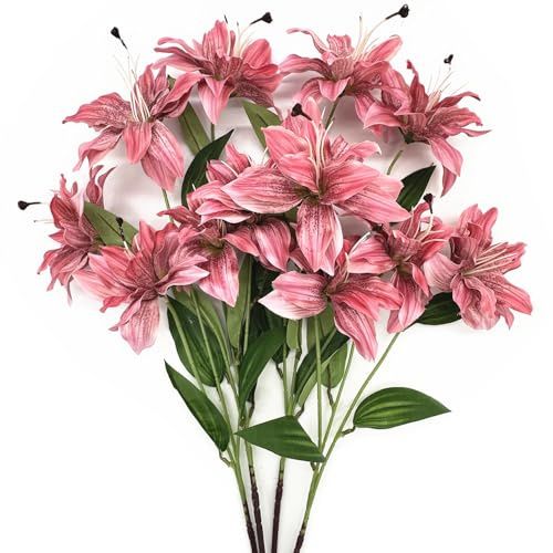 Artificial Lily Flowers, Vintage Silk Flower Long Stems Stargazer Lilies Full Bloom Lily Faux Plant Tiger Bouquets for Home Decor Indoor Hotel Wedding Party Fake Floral Arrangement - Coral Pink 4 Pack