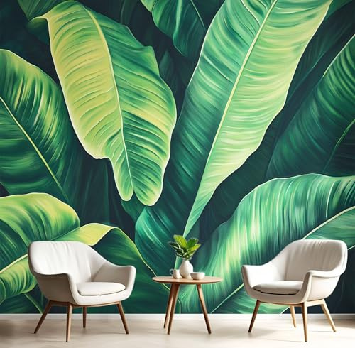 Papier Peint Panoramique Feuilles Bananier,300×210cm 3D Photo Murale Mural, Art La Jungle Grandes Murales Poster Pour Salon Et Chambre,Décoration Murale,Papier Peint Intissé Moderne