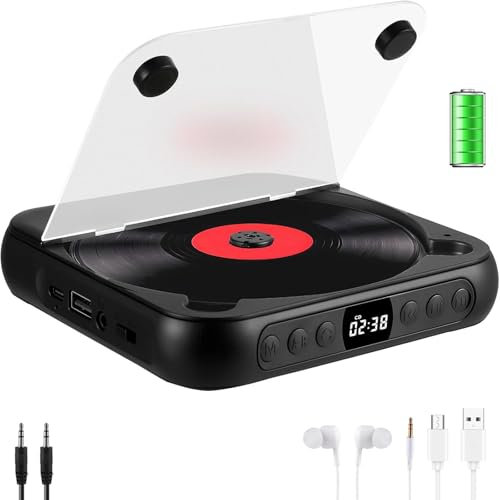 Lecteur CD portable 2000 mAh avec Bluetooth - Lecteur CD PL-Ayer portable avec batterie longue durée CD Pl-Ayer Bluetooth - Casque inclus - CD-R, CD-RW, MP3, WAV - Idéal pour les voitures - Lecteur CD