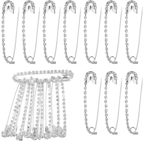 Xindojuz - 10 broches de seguridad con diamantes de imitación, pines de seguridad decorativos para ropa, pines de seguridad plateados grandes, clips de chal elegantes de metal de cristal para mujeres