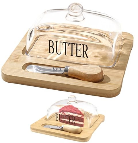 Jorzer Mantequera de Vidrio con Tapa Segura Multifuncional Transparente con Tapa Bandeja de Madera y Cuchillo para refrigerador.