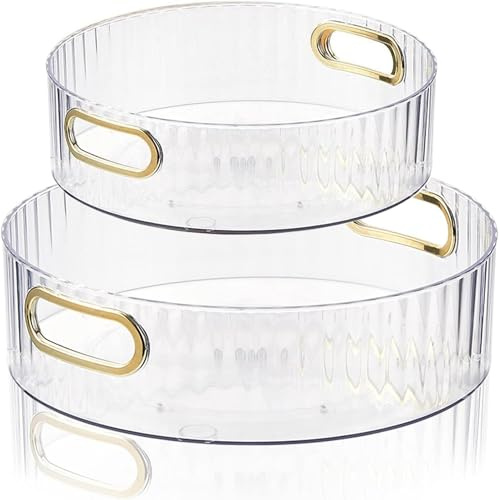 2 Stück Lazy Susan Drehteller Organizer, 360° Kühlschrank Drehplatte Gewürzhalter, Drehbarer Organizer Küchen Kühlschrank Organizer für Gewürz Speisekammer Badezimmer Kommode (Transparent, 28+22cm)