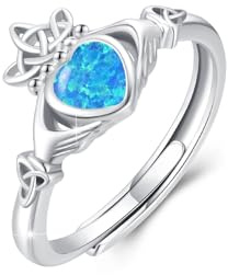Claddagh Anillo para mujer de plata de ley 925 con piedra lunar irlandesa, anillo de corazón Claddagh, anillos abiertos ajustables, regalo joyas para mujer, Plata de ley, Piedra lunar