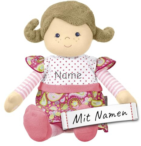 LALALO Sterntaler Stoffpuppe mit Namen Bestickt - Stoffpuppe Puppe Gesa, Land-Stil mit Punktmuster, 33 cm Anziehpuppe mit Klett, Geschenk zur Geburt, Taufe, 1. Geburtstag, Kita