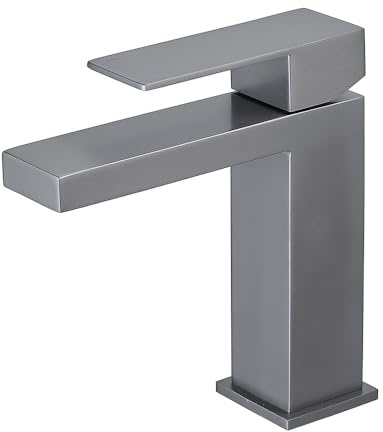 Heable Grey Basin Mixer Tap Square Bathroom Sink Taps Monobloc Single Handle Washroom Faucet Modern Mono Washbasin Tap with UK Standard Hoses