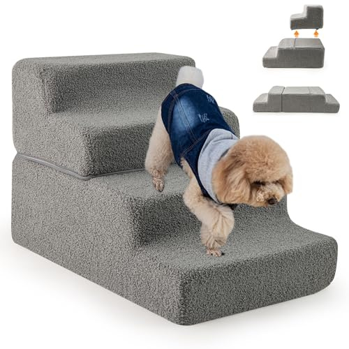 GYMAX Escalera para Perros 4 Peldaños, Rampa Plegable para Mascotas con Base Antideslizante, Combinaciones Desmontables, Escalera de Espuma para Sofá Cama, para Perros/Gatos Pequeños y Ancianos, Gris