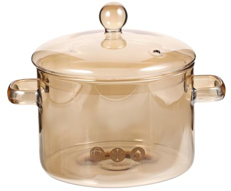 SEWACC 1300Ml Borosilicate Glass Simmer Pot with Lid, Heat Resistant Stovetop Cooking Pot for Soup, Stew, and Pasta, Amber Double Handle Glass Cookware for Gas and Oven Use