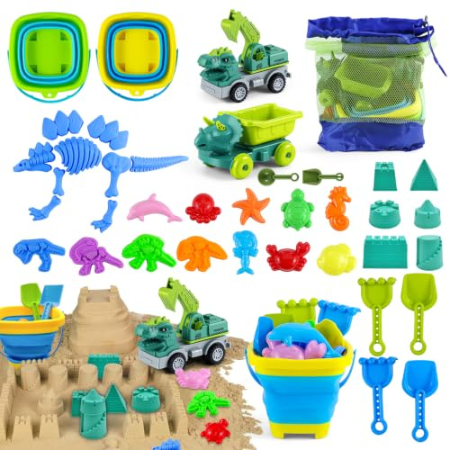 Set Giocattoli da Spiaggia per Bambini,36 Pezzi Giocattoli da Spiaggia Dinosauro per Bambini Piccoli,Set Giocattoli da Spiaggia da Viaggio (4-8 Anni),Secchio Pieghevole,Set di Costruzione
