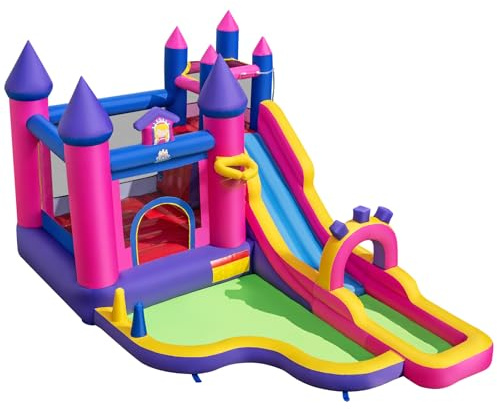 COSTWAY Castello Gonfiabile Principesse per Bambini, Parco Acquatico con Scivolo Lungo, Trampolino, Parete d'Arrampicata e Canestro da Basket, per Bambini di 3-12 Anni