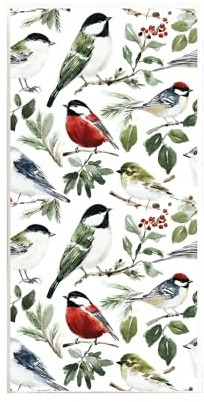 Watercolor Songbirds Tea Towel | Red Robin Chickadee Pattern