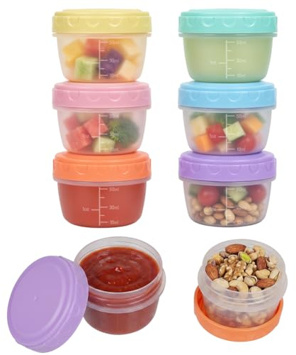 NUTKIT 6-pack små matbehållare med lock, 80 ml återanvändbara små såsgrytor, läckagesäker salladsdressing krukor behållare med graderad, stapelbar frys mellanmålslåda för vuxna och barn