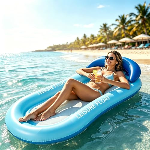 Adult Inflatable Pool Lounger, Mesh Floating Pool Float with Headrest, Heavy Duty PVC Blow Up Sun Lounger for Pool Beach Lake