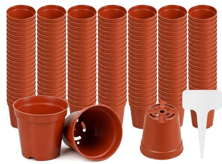 Yongyann 100Pcs Small Plastic Plant Pots, 3 Seedling Pots + 100 Labels | Plastic, for Potting on Seed Starting Indoor Outdoor Use Mini Pot