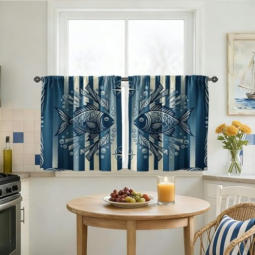Tende da cucina a tema marinaro, motivo a righe, motivo a bolle, colore blu, per lavanderia, lavanderia, corridoio, appartamento, finestra, 61 x 66 cm