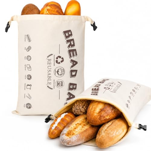 Bienenwachs Brotbeutel 2er Set, hält Brot länger frischhalten und weich | 43 × 32 cm Bienenwachsbeutel aus Baumwolle mit Roll-Klickverschluss und Griff für Sauerteigbrot, Baguette und Gebäck