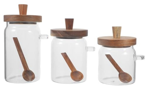 Toyvian 3 Pièces Bocaux en Verre pour Lessive avec Couvercle en Bois et Cuillère, Capacité 400ml 600ml 900ml, Récipient Hermétique pour Poudre et Capsules de Lessive