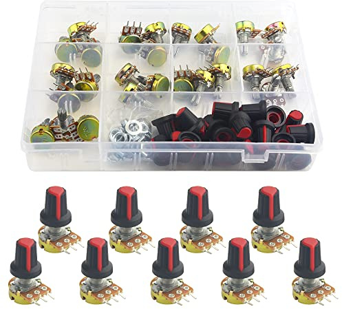 WMYCONGCONG 108-teiliges WH148 Potentiometer-Sortiment B1K B2K B5K B10K B20K B50K B100K B500K B1M Ohm Rändelwellen-Einfach-Linear-Drehpotentiometer-Set mit Drehknöpfen, Muttern und Unterlegscheiben