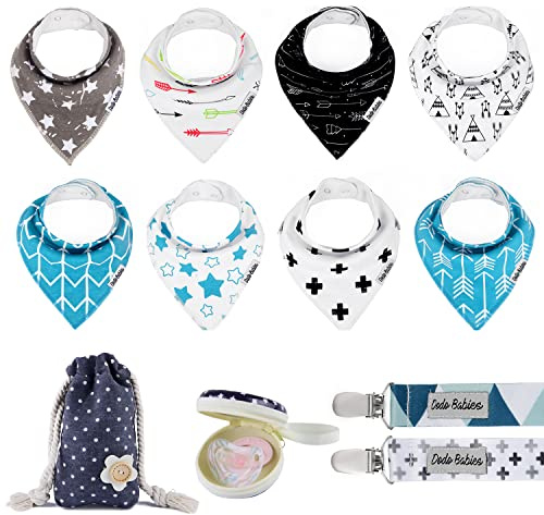 Dodo Babies Bandana Drool haklapp set – åtta 100 % bomullshaklappar med mjukt polyesterfoder, 2 nappar klämmor, Binky fodral, blå presentpåse för baby flicka eller pojkdusch – justerbar snapfit för