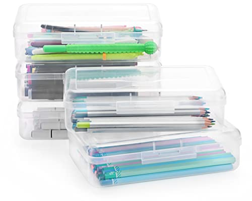 BSTKEY 5pcs Plastic Pencil Box Holder Pen Case with Lid, Clear (No Pencils) | Home Office Stationery Holder Utility Storage Box Cubby Bin Organizer Case for Small Supplies, 20*12*5.8cm