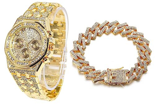 Halukakah Diamant Golduhr Iced Out, Männer 18k Echtgold Plattiert 20mm Breite Quarz Armband 22cm, mit Kubanische-Kette Armband 20cm, mit Geschenkbox