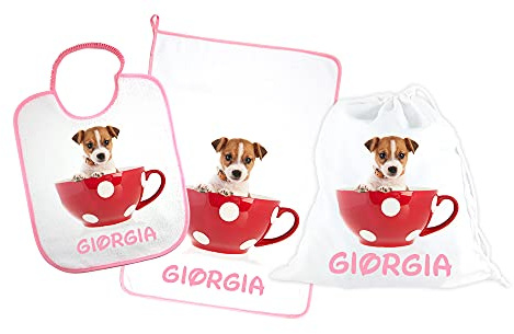 ALMATEX SRL SET ASILO PERSONALIZZATO CON NOME composto da 3 pezzi: bavaglino spugna con elastico cm.27x30, asciugamano cm.40x55 e sacca PERSONALIZZATI Made in Italy - CONSEGNA TEMPESTIVA (TAZZA ROSA)