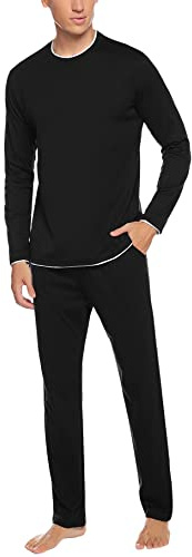 Aseniza Pigiama da Uomo Invernale Pigiama a Maniche Lunghe in Cotone Semplice ed Elegante Pigiama Morbido Loungewear(466-Nero,L)