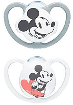 NUK Schnuller Space | 0-6 Monate | Schnuller mit extra großen Lüftungsöffnungen | BPA-freies Silikon | Disney Mickey Mouse grau/weiß | 2 Einheiten