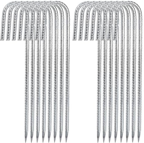 Hacaroa 16 Pack 12 Inch Rebar Stakes, J Hook Tent Stake Ground Anchors Heavy Duty, Galvanized Metal Garden Stakes Chain Link Fence Stakes for Trampoline, Canopy, Yard, Inflatables, Sharp Point End