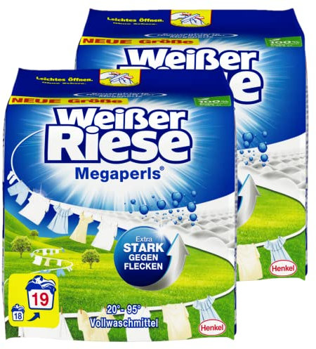 Weißer Riese Universal Megaperls Vollwaschmittel, 38 (2 x 19) Waschladungen, Waschmittel für weiße Wäsche wirkt extra stark gegen Flecken bei 20–95 °C, 100% recycelbares Plastik