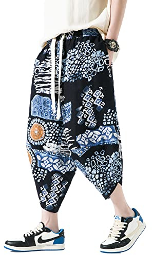 DOSLAVIDA Men's Casual Elastic Waist Linen Capri Pants Wide Leg Baggy Cotton Harem Yoga Trousers Loose Patchwork Shorts
