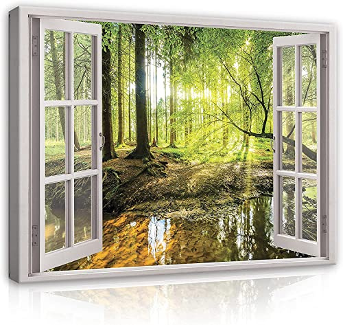 WallArena Leinwand Bilder 120x80 cm | Fensterbilck Fenster Natur Grün Wald, Leinwandbilder, Bild auf leinwand, Format: 120x80 cm (BxH) - einteilig auf