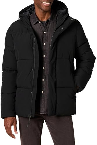 Amazon Essentials herr återvunnen polyester mellanlång puffer med huva (finns i stora och långa), svart, Small