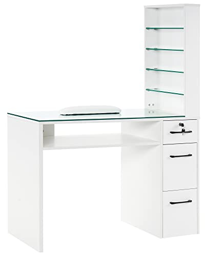 BarberPub Manicure Table with Drawers, Storage Shelves Spa Beauty Salon Station Nail Desk 2673, 45*60*19 inch (White)