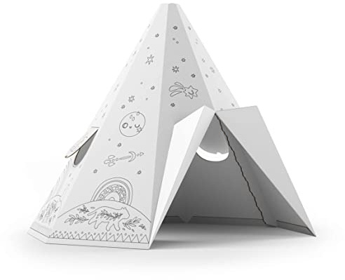 FOLDZILLA Spielhaus XXL 1,32 x 1,22 x 1,55 m aus Pappe Pappspielhaus Karton Haus - Tipi Sternenhimmel zum Ausmalen