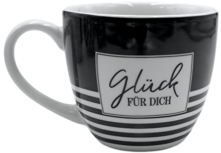 ***Maxi - Kaffeebecher/Tasse aus Porzellan, schwarz-weiß gestreift, Motiv: Glück für Dich, Größe H/Ø: 9,2 x 10,5 cm, Fassungsvermögen 400 ml, Spülmaschinengeeignet.