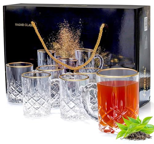 INTIGNIS Ensemble 6 Verres à Thé Marocain 210 ml – Verres Arabes/Turcs Facettés en Verre Borosilicate avec Bord Doré, Coffret Cadeau Premium pour Thé & Café