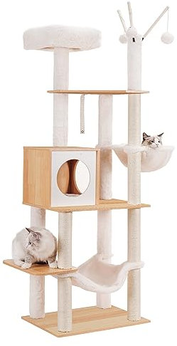 Hey-brother Katzenbaum aus Holz, 167,9 cm, Katzenmöbel mit Kratzstämmen, moderner Katzenturm mit Hängematten, Spielzeug, Katzenhütte, Walnuss MPJ120WB