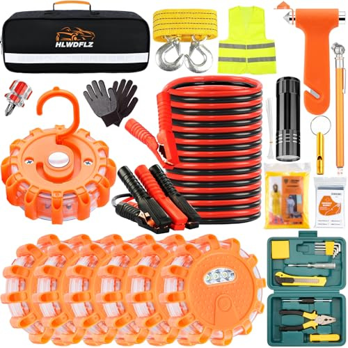 HLWDFLZ Car Emergency Roadside Kit, with Led Road Flares, Jump Cables, Towing Rope, Winter Car Safety Kit Roadside Emergency Kit for Car 50pcs
