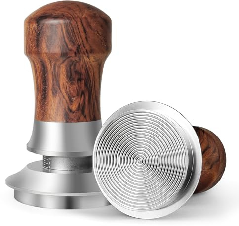 HOLIHOKY Coffee Tamper 51mm, Spring Loaded 51mm Tamper, Self Leveling Espresso Tamper with 304 Stainless Steel Threaded Base, Wood Handle, Silver