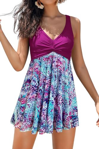 SHEKINI Traje de baño de una pieza con cuello en V para mujer, traje de baño de malla estampada con copa suave, acolchado, elegante, control de abdomen con pantalón corto, fucsia, L