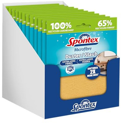 Spontex Microfibre Dusters | 12 x Cleaning Clothes for Dusting & Polishing | Extra Long Fibres | Captures 2x More Dust* | 30 x 30cm |65% Recycled Fibres