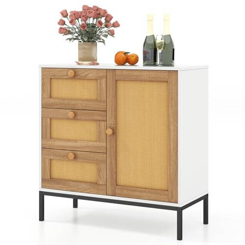 Giantex Sideboard Küche aus Rattan mit 3 Schubladen & 1 Tür, Aufbewahrungsschrank mit Schrank & Regal & Füße aus Metall, Aufbewahrungsmöbel für Küche, Wohnzimmer, Esszimmer, Bohemian-Stil