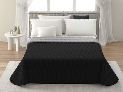 MAXIME MAISON - Tagesdecke 215x265 cm Schwarz/Grau Wendedesign, Tagesdecken Herbst/Frühling (100 gr/mq) Steppdecke Unterfüttert, Gesteppt, Weiche Mikrofaser, Made in Italy