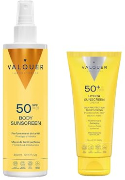 Valquer Pack Solar Protección Completa | SPF 50 | Crema Facial 75 ml y Spray Protector Corporal 300 ml | Piel Suave e Hidratada con Ácido Hialurónico y Vitaminas | Vegano