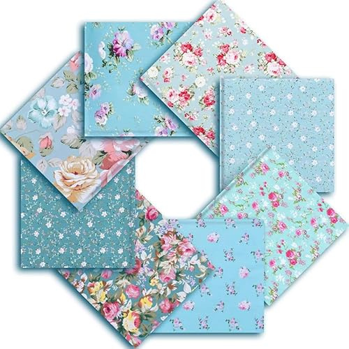 CraftsFabrics 8Pcs/lot Turquois Floral Fabric Squares 100% Cotton 25x25cm Wide Twill Printed Fat Quarters Fabric Bundle for Quilting, Arts, Crafts