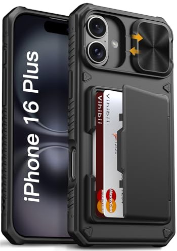 Vihibii for iPhone 16 Plus Case Wallet with Card Holder (4 Cards), Black | [RFID Blocking] & Slide Camera Cover, Military Grade Drop Protection, Rugged Hard Back & Silicone Edge Phone Case, 6.7 2024