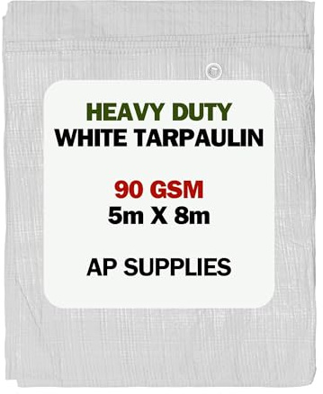 AP Supplies 90gsm M-Grade White Tarpaulin 5m x 8m – Waterproof, UV & Weather Resistant Sheet Cover for Camping, Construction, Gardening & Equipment Protection