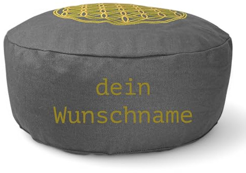 maylow Yoga mit Herz Yogakissen Meditationskissen Stickerei Blume des Lebens 33x15 cm für Anfänger und Geübte Bio-Dinkelspelz Füllung Bezug und Inlett Baumwolle waschbar (grau - personalisierbar)