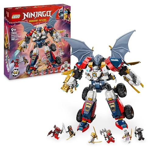 LEGO NINJAGO 4in1 Zane’s Ultra Combiner Mech Toy - Rebuilds into a Jet, Car Model, Dragon & Ninja Figure - Incl. 6 Minifigures for Role Play - Building Set for 9+ Year Old Boys & Girls - 71834