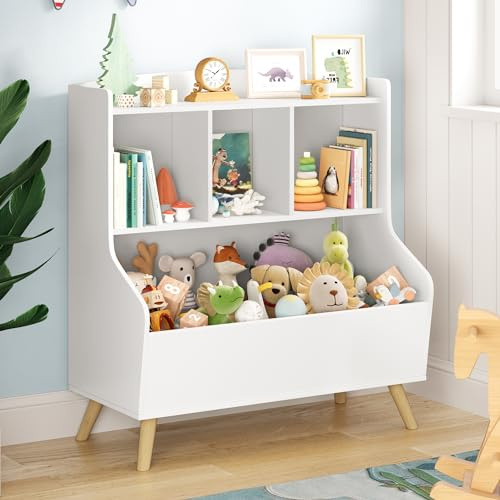 LUE BONA Estanteria Montessori con 3 Abiertos Compartimentos,Librería Infantil,Caja de Juguetes Móvil Multifuncional para Habitación de los Niños y Sala de Juegos,36 × 61 × 71 cm,Blanco
